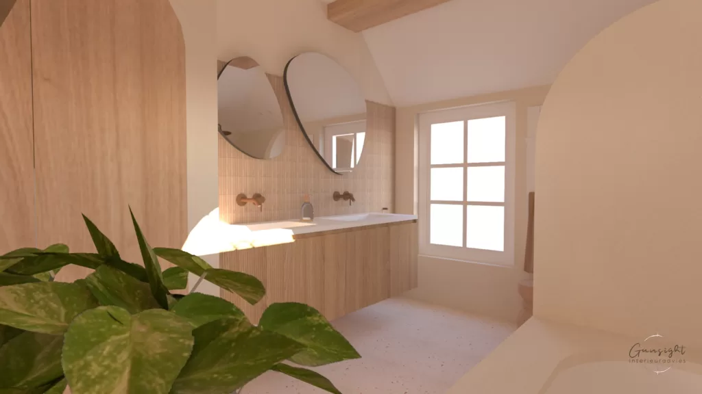 Wellness badkamer met organische spiegels en houten badmeubel met latjes