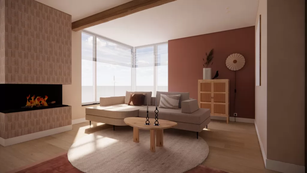 Interieuradvies woonkamer rondvloerkleed warm gezellig natuurlijk bio ethanol betegelde haard